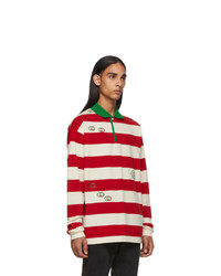 Мужской бело-красный свитер с воротником поло в горизонтальную полоску от Gucci