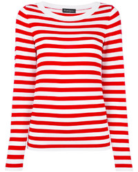 Бело-красный свитер с круглым вырезом в горизонтальную полоску
