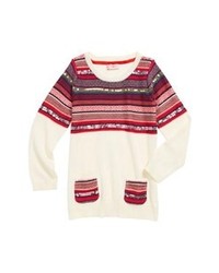 Бело-красный свитер с круглым вырезом с жаккардовым узором