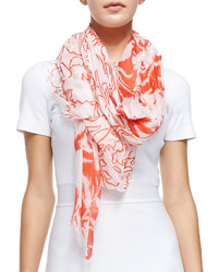 Бело-красный шарф с цветочным принтом