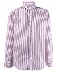 Мужская бело-пурпурная рубашка с длинным рукавом в вертикальную полоску от Brunello Cucinelli