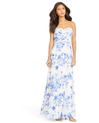 Бело-синее вечернее платье с цветочным принтом