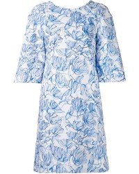 Бело-синее платье прямого кроя с цветочным принтом