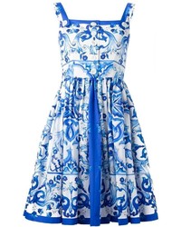 Бело-синее платье с плиссированной юбкой с принтом от Dolce & Gabbana