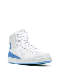 Мужские бело-синие кожаные высокие кеды от Diadora