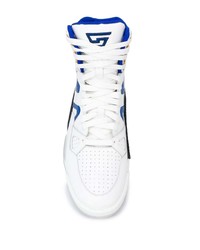 Мужские бело-синие кожаные высокие кеды от Versace