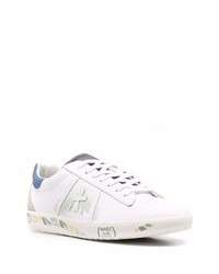 Мужские бело-синие кожаные низкие кеды от Premiata