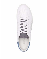 Мужские бело-синие кожаные низкие кеды от Premiata