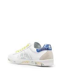 Мужские бело-синие кожаные низкие кеды от Premiata