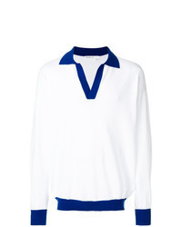 Бело-синий свитер с воротником поло в горизонтальную полоску