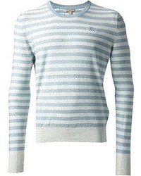Бело-синий свитер с круглым вырезом в горизонтальную полоску