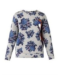 Бело-синий свитер с круглым вырезом с цветочным принтом