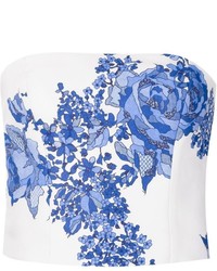 Бело-синий укороченный топ с цветочным принтом от Monique Lhuillier