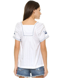 Бело-синяя блуза-крестьянка с вышивкой от Madewell