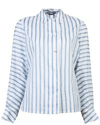 Бело-синяя блуза на пуговицах в вертикальную полоску