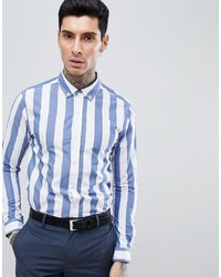 Мужская бело-синяя классическая рубашка в вертикальную полоску от Process Black