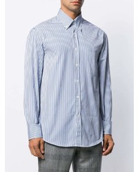 Мужская бело-синяя классическая рубашка в вертикальную полоску от Brunello Cucinelli