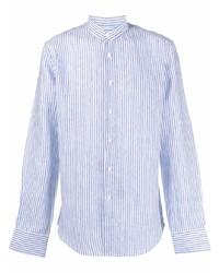Мужская бело-синяя льняная рубашка с длинным рукавом в вертикальную полоску от Dell'oglio