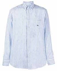 Мужская бело-синяя льняная рубашка с длинным рукавом в вертикальную полоску от Etro