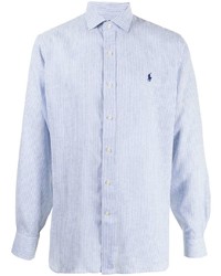 Мужская бело-синяя льняная рубашка с длинным рукавом в вертикальную полоску от Polo Ralph Lauren