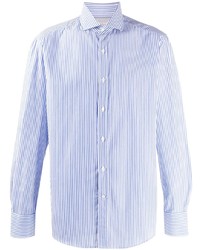 Мужская бело-синяя рубашка с длинным рукавом в вертикальную полоску от Brunello Cucinelli