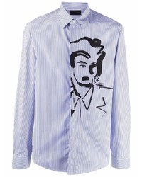 Мужская бело-синяя рубашка с длинным рукавом в вертикальную полоску от Emporio Armani