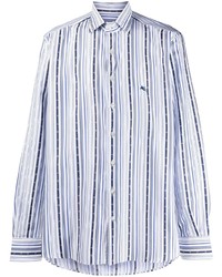Мужская бело-синяя рубашка с длинным рукавом в вертикальную полоску от Etro