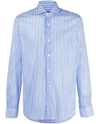 Мужская бело-синяя рубашка с длинным рукавом в вертикальную полоску от Fedeli