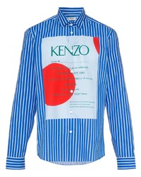Мужская бело-синяя рубашка с длинным рукавом в вертикальную полоску от Kenzo