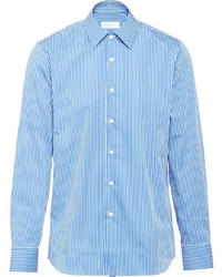 Мужская бело-синяя рубашка с длинным рукавом в вертикальную полоску от Prada