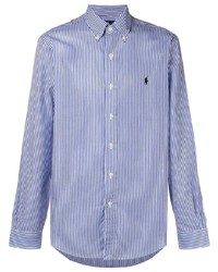 Мужская бело-синяя рубашка с длинным рукавом в вертикальную полоску от Ralph Lauren