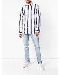 Мужская бело-синяя рубашка с длинным рукавом в вертикальную полоску от Tommy Jeans