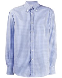 Мужская бело-синяя рубашка с длинным рукавом в мелкую клетку от Brunello Cucinelli