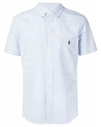 Мужская бело-синяя рубашка с коротким рукавом в вертикальную полоску от Polo Ralph Lauren