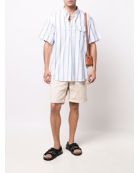 Мужская бело-синяя рубашка с коротким рукавом в вертикальную полоску от Engineered Garments