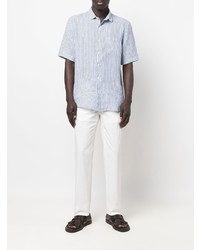 Мужская бело-синяя рубашка с коротким рукавом в вертикальную полоску от Sunspel