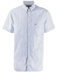 Мужская бело-синяя рубашка с коротким рукавом в вертикальную полоску от Tommy Hilfiger
