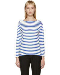 Женская бело-синяя футболка с длинным рукавом в горизонтальную полоску от Saint Laurent