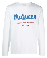Мужская бело-синяя футболка с длинным рукавом с принтом от Alexander McQueen