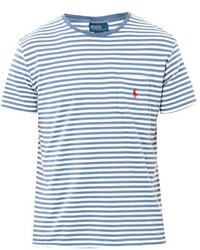 Бело-синяя футболка с круглым вырезом в горизонтальную полоску