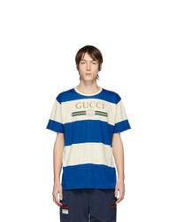Мужская бело-синяя футболка с круглым вырезом в горизонтальную полоску от Gucci