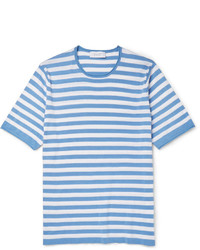 Мужская бело-синяя футболка с круглым вырезом в горизонтальную полоску