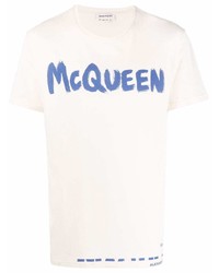 Мужская бело-синяя футболка с круглым вырезом с принтом от Alexander McQueen