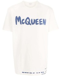 Мужская бело-синяя футболка с круглым вырезом с принтом от Alexander McQueen