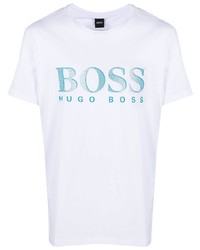 Мужская бело-синяя футболка с круглым вырезом с принтом от BOSS