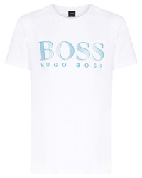 Мужская бело-синяя футболка с круглым вырезом с принтом от BOSS
