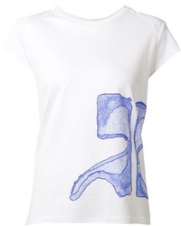 Женская бело-синяя футболка с круглым вырезом с принтом от Courreges