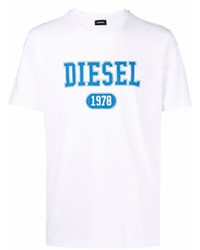 Мужская бело-синяя футболка с круглым вырезом с принтом от Diesel
