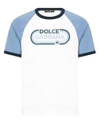 Мужская бело-синяя футболка с круглым вырезом с принтом от Dolce & Gabbana
