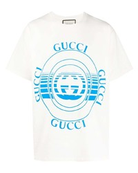 Мужская бело-синяя футболка с круглым вырезом с принтом от Gucci